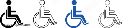 Collection of wheelchair accessibility icons in black and blue with wheelchair user wheelchair accessibility disabled transport mobility building