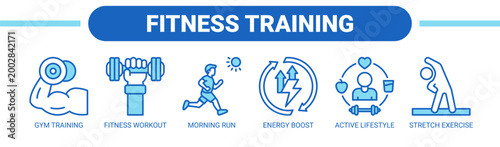 Fitness Training web banner icon vector illustration concept with icons of gym training, fitness workout, morning run, energy boost, active lifestyle, and stretch exercise. 