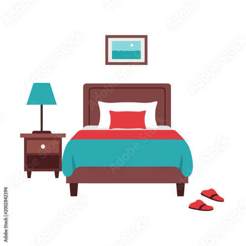 Brown Wooden Bed with Red and Blue Bedding.