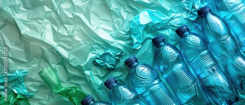 Row of blue plastic water bottles beside crumpled green and teal plastic waste