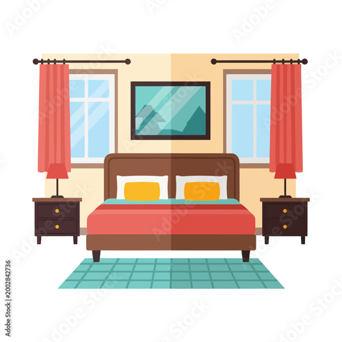 Brown Wooden Bed with Red Comforter.