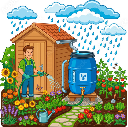 Man collecting rainwater from barrel in garden on rainy day near shed