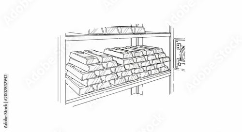Numerous gold bars stacked high inside an open vault on shelves