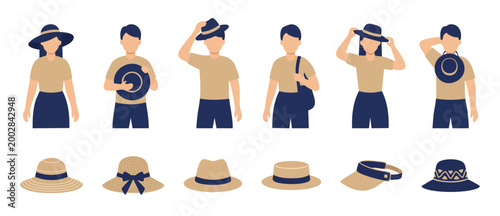 People wearing hats collection set, summer fashion accessories and headwear flat illustration isolated on white background for travel, vacation, holiday, beach, style design elements and lifestyle con