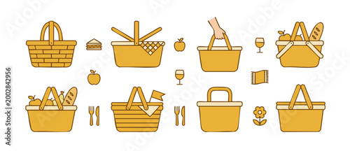 Picnic Basket Icon Set Vector Illustration, Summer Food Carry Container Collection with Bread, Fruit, Wine and Cutlery Symbols for Outdoor Dining and Leisure Lifestyle Design Elements on White Backgro