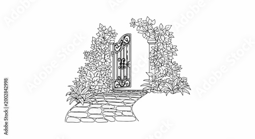 Ornate gate opens to a stone path through lush, green foliage