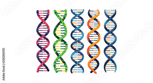 Row of five colorful dna double helix strands representing genetics, biotechnology, and scientific biological research.