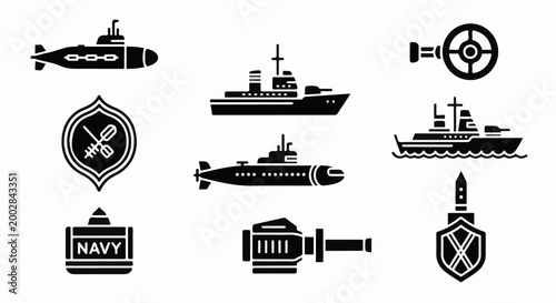 Military naval icons including submarines, ships, emblems, and a helm