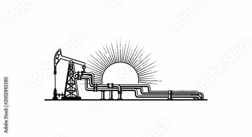 Oil pumpjack and pipelines against a radiant sunrise backdrop