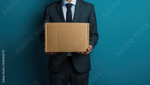 Businessman in a dark suit holding a plain brown cardboard box on a blue background