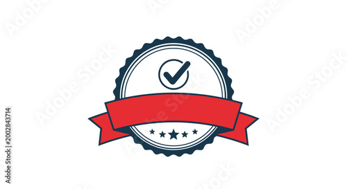 Premium quality award seal with a checkmark and a blank red ribbon banner for achievements and certifications.