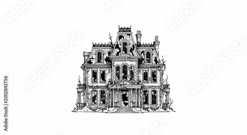 Ornate, decrepit Victorian mansion with broken windows and overgrown vines