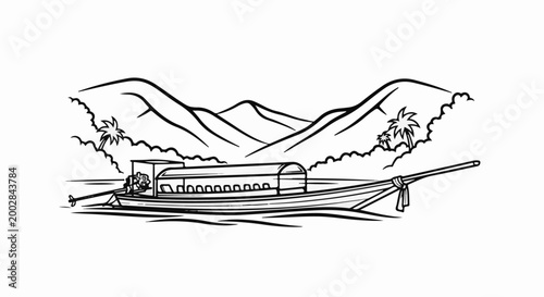 Longboat sails on tranquil waters near palm trees and mountains