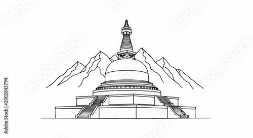 Monochromatic sketch of stupa with layered base, stairs, and mountains