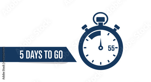 Dark blue stopwatch icon and a banner with text 5 days to go indicating a countdown to an event or project deadline.