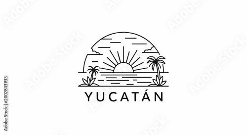Minimalist sunset over ocean with palm trees and rocks, text included