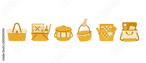 Picnic basket set collection, food and drink containers for summer outdoor activities, cute hand drawn flat vector illustration icons for park leisure time, holiday trip, family lunch or romantic date
