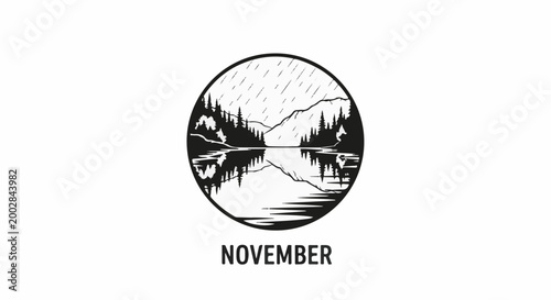 Monochrome circular graphic depicting rainy mountains and trees reflected in water