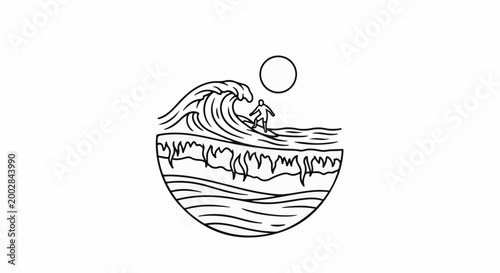 Minimalist surfer riding a wave under a round sun in a circular frame
