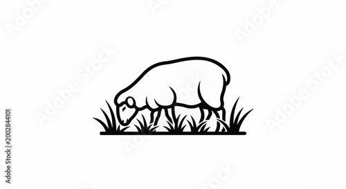 Minimalist black and white line art of a sheep grazing on grass