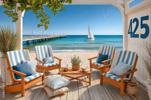 Relaxing beach lounge with striped chairs, wooden deck, sailboat and pier on a sunny coast