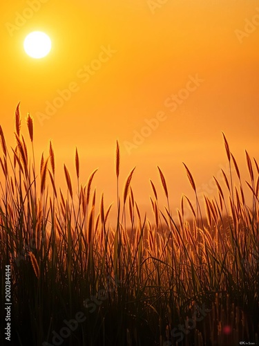 Golden sunrise illuminates tall grass with soft light rays, a hazy horizon stretches out in the distance, peaceful landscape unfolds, haze, rustic