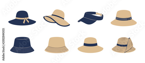 Tableau sur toile Summer Sun Hats Collection Set, Straw Headwear for Beach Vacation, Elegant Women
