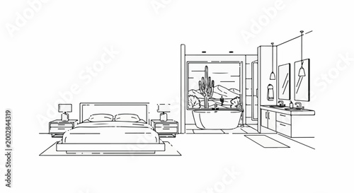 Modern bedroom with adjoining bathroom, desert view
