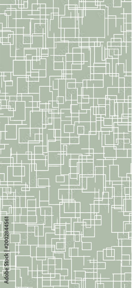 Obraz premium Abstract design creating a mosaic texture with white square outlines on a soft green background. Seamless geometric pattern of overlapping squares on pastel green