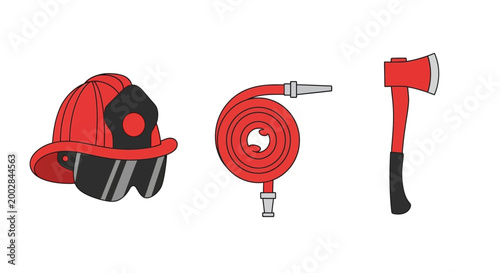 Firefighter equipment icons including helmet, hose, and axe