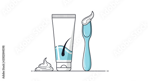 Dental hygiene and personal care products with a tube of toothpaste and a toothbrush with a dollop of minty gel.