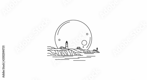 Minimalist coastal scene featuring a large moon over lighthouses and ocean