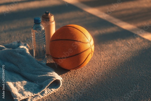Outdoor Basketball Training Equipment. Basketball equipment displayed outdoors representing training preparation, physical activity, and athletic wellness.