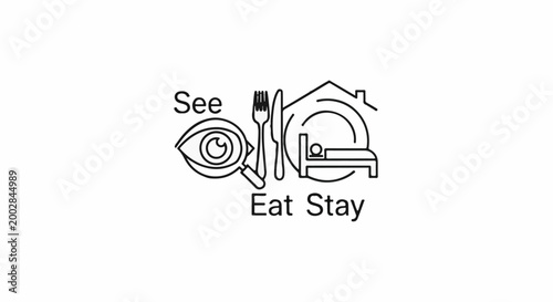 Minimalist icons represent seeing, eating, and staying, with text
