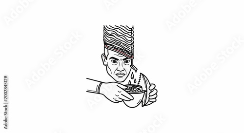 Man with spaghetti hair pours beans from his head into a bowl