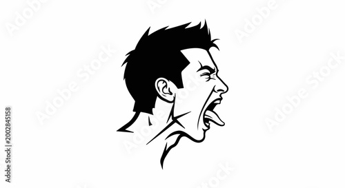 Man's face in profile, screaming with eyes closed and tongue out