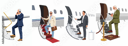 Flat vector illustrations of successful businessmen boarding private jets, representing luxury travel, executive lifestyle, and corporate success.