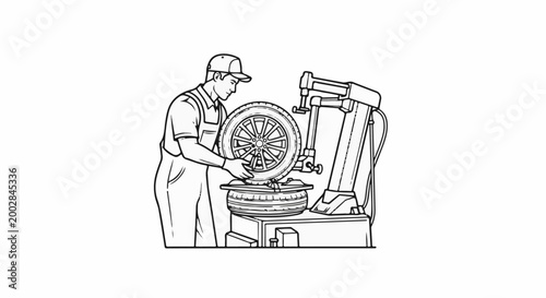 Mechanic places tire on machine for repair or replacement