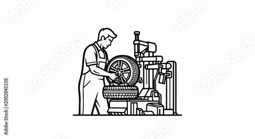 Mechanic servicing car wheel on tire machine