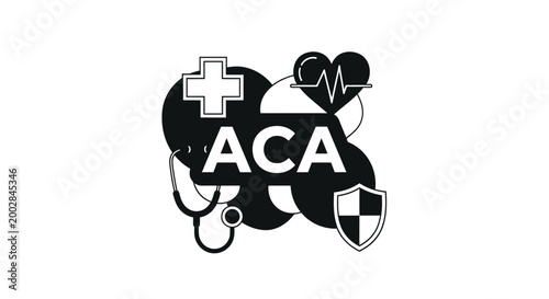 ACA Health Care Act Insurance Concept Illustration with Medical Icons.
