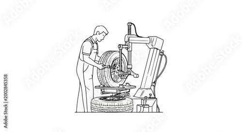 Mechanic uses machine to service automobile tire with spare on floor