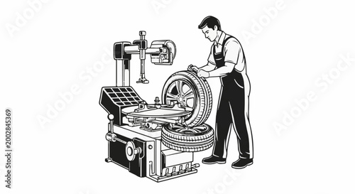 Mechanic working on a tire changing machine with two wheels