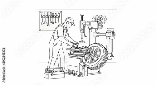 Mechanic working on tire balancing machine with tools on wall