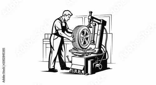 Mechanic working on tire changing machine in workshop