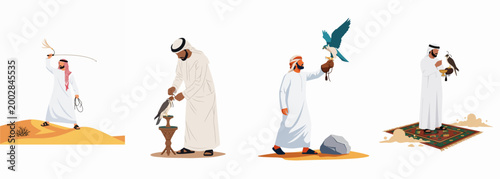 Vector Illustration Set of Arab Men in Traditional Attire Engaging in Ancient Falconry Traditions Across Desert Landscapes