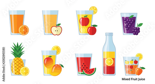 Flat Vector Illustration Set of Fresh Fruit Juices in Glasses and Bottles Including Orange Apple Grape Pineapple Mango Watermelon and Mixed Fruit Beverage Icons