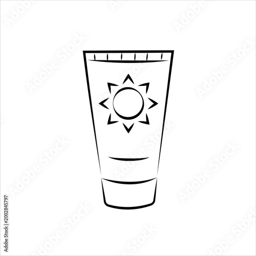 Sunscreen tube with sun icon, skincare protection line art illustration isolated on white background for UV defense concept, summer cosmetic product, SPF lotion packaging, minimal outline design