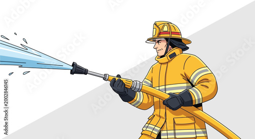 Illustration of firefighter in uniform spraying water with hose