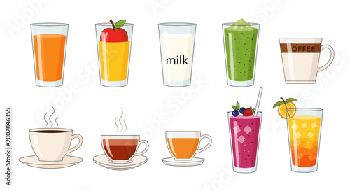 Vector Illustration Collection of Various Beverages Including Fresh Fruit Juices Milk Smoothies Coffee and Tea Cups Isolated on a Clean White Background for Web