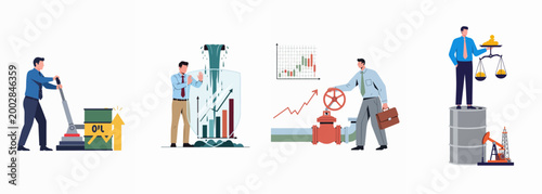 Set of vector illustrations representing various business concepts related to the oil industry, market price fluctuations, and global economic impact.